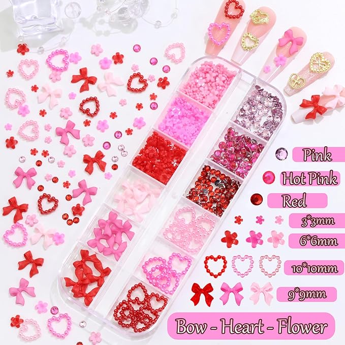 BELICEY Valentines Red Pink Hearts Nail Charms Gold Metal Heart Nails Art Charm Resin Bow Flower Flatback Nail Rhinestone and Gems Nails Jewels DIY Manicure Jewelry for Women Accessories Supplies