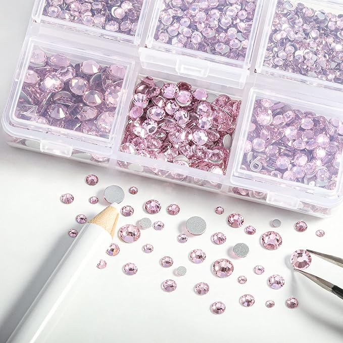 Beadsland 4300pcs Flatback Rhinestones,Pink Rhinestone Nail Gems Round Crystal Rhinestones for Crafts,Mixed 6 Sizes with Picking Tweezers and Wax Pencil Kit, SS6-SS20,Light Rose/Light Pink