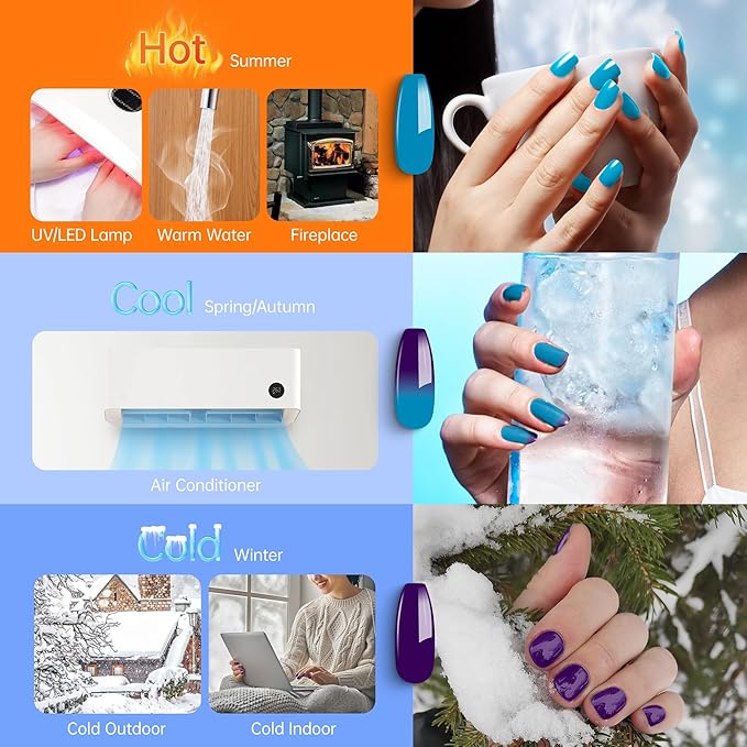 YTD Likomey Color Changing Gel Nail Polish Set,Fall Winter 8 Colors Shimmer Brocade Glitter Mood Temperature Change Colors Kit,Black Green Red Blue Purple UV Thermal Manicure Color Gel,7.5ml