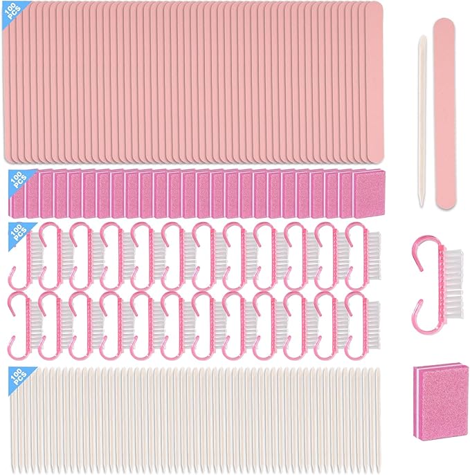 Disposable Manicure kit Press On Nail Tool Kit for Salon Home, Mini Nail Buffer, Nail File, Wood Stick, Nail Brush (Pink, 100 Set)