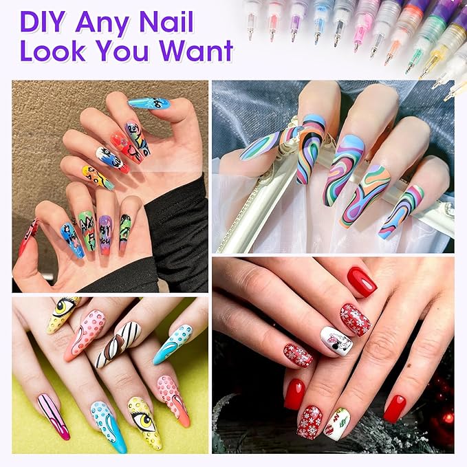Pintada 12 Color Nail Art Pens Set - 0.5mm Fine Tip Nail Art Markers with Stickers, Leak-Proof Nail Pens for DIY Nail Art, Greeting Cards & Crafts
