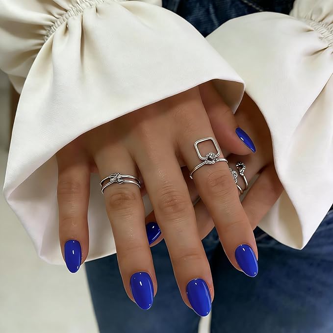 KQueenest Press On Nails Short - Bright Vibrant Blue Press On Nails Oval, 32 Pcs 16 Sizes Natural Short Fake Nails Press ons Almond, Reusable Glossy Navy Blue Glue on Nail with Glue for Everyday Wear