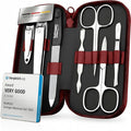 Manicure Set Solingen Made in Germany - 7 Piece Exclusive Finger & Toe Nail Clippers Kit for Women and Men in Real Leather Case, Color Red