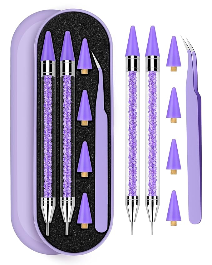 Difenni Rhinestone Picker Tool, Wax Pencil for Rhinestones Tool, Dual-Ended DIY Nail Bedazzling Tools with 4 Extra Purple Replaceable Wax Head and 1 Tweezer(Purple)