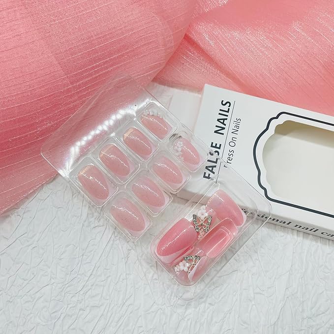 Square Press on Nails Medium Fake Nails with Designs 3D Flower Stick on Nail Butterfly Rhinestone Acrylic False Nail French Glossy Artificial Nail Full Cover Glue on Nails for Women