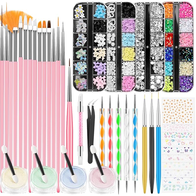 Nail Art Kit, Nail Art Tools, Nail Design Tools, Nail Art Brushes Decoration Kit, Nail Dotting Tool, Nail Kit for Beginners, Chrome Nail Powder, Nail Stickers, Nail Rhinestones, Nail Charms Gems