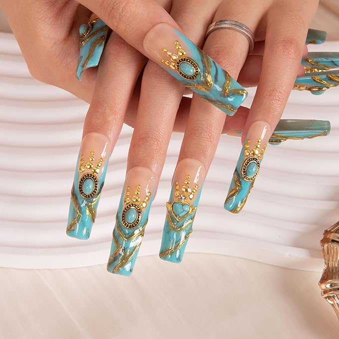 LOVFUL Press on Nails Turquoise Blue French Tip| Handmade with Full Covered Crystals| Reusable Fake Nails| Square Mid length 1.7in| H122-S