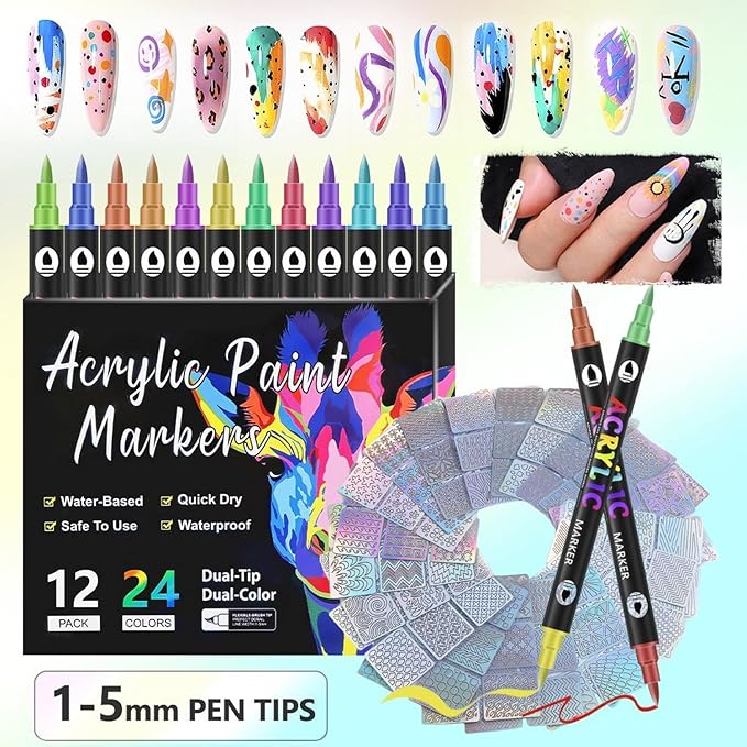 24 Colors Nail Art Pens Set Nail Art Markers Point Graffiti Dotting Pen 12 Pcs Double-Ended Nails Polish Pens for Nails Art Quick-Drying Acrylic Nail Doodle Pens for DIY Manicure Tools