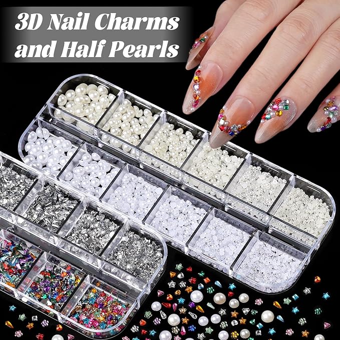 Nail Charms and Gems Set, 6 Boxes Mixed Color Rhinestones Clear Gold Silver Bead Decorations White Beige Pearls for Crafting, 30 Sheets Gold Stickers for Nails with Tweezers for Women Nail Art DIY