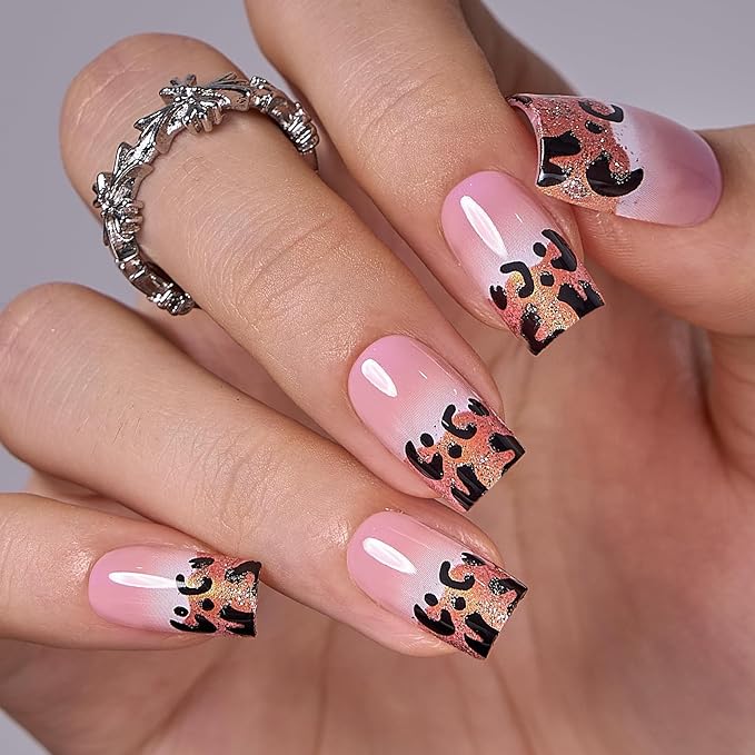Curvlife Soft Gel Press on Nails Square Fake Nails with Design Full Cover False Nails for Women Reusable Nail Kit with Nail Glue Adhesive Tabs Nail File (leopard print, Long)