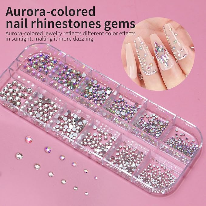 Nail Charms Kit with 30 Sheets Flower Nail Stickers,Colorful Heart Flower Bow 3d Nail Rhinestones And Gems,Nail Pearls Jewels,Tweezer and Wax Pen Art Tools for DIY Design (White And MixColors)