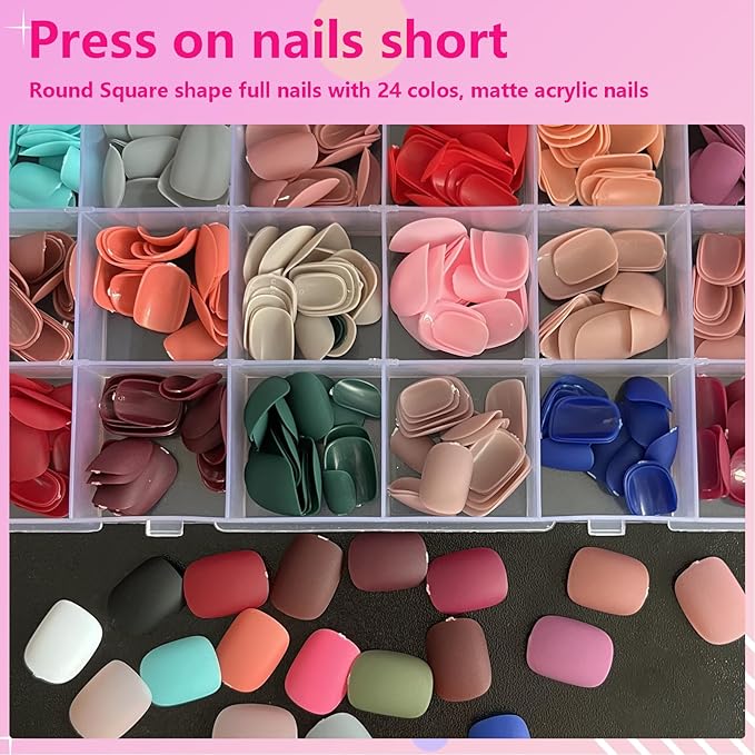 AddFavor 576pcs Short Press on Nails Full Cover Matte Fake Nails Solid Colors Acrylic Artificial False Nail Tips for Women Girls Nail Art Manicure