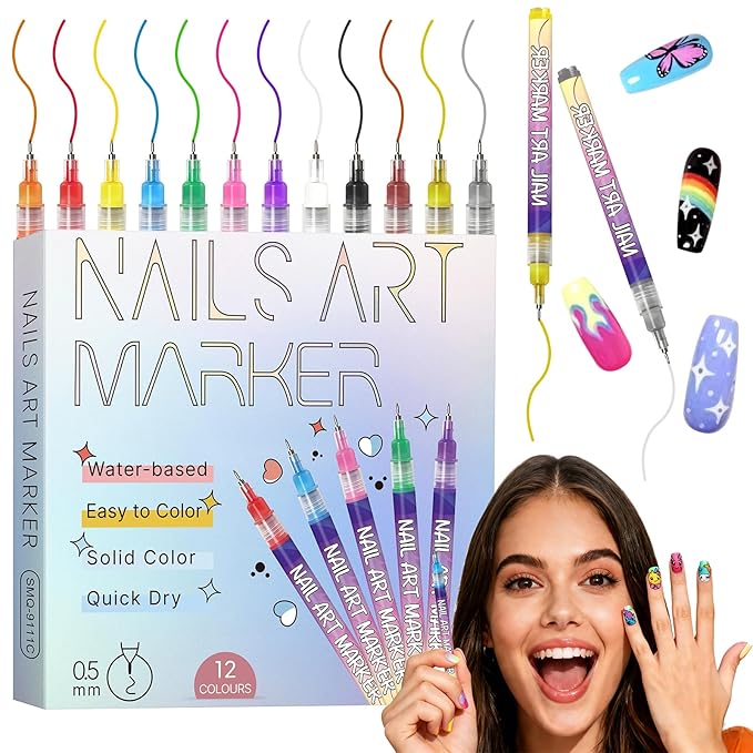 12 Colors Nail Art Pens Set, Nail Art Markers for Gel Nails, 2026 DIY Nail-Art Marker Drawing Painting Liner Pen, 0.5 MM Nail Polish Pens Set, Nails Doodle Pens,Quickly Dry Nail-Art DIY Decoration