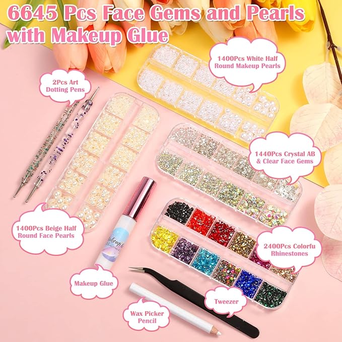 Billbotk 6645Pcs Face Rhinestones with Makeup Glue, Flatback Eye Gems Colorful Makeup Jewels with White Pearls for Face Eye Body, Nail Art, Hair, Craft Decoration