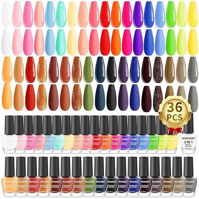 Morovan Nail Polish Set Fingernail: 2026 Spring Summer Gift 36PC Glitter Bright Air Quick Dry Nail Polish Kit with 2-in-1 Base Top Coat Regular Pack Finger Nail Art DIY Home for Women Girls 0.18 FI oz