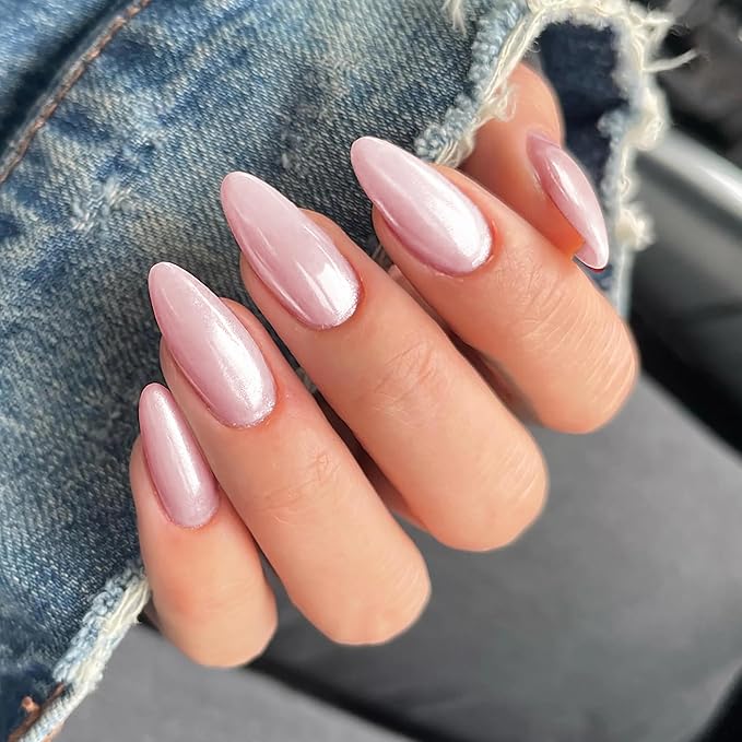 Chrome Press On Nails Almond, Glazed Light Pink Glue on Nails Medium Press Ons, Acrylic Natural Fit Stick on Nails in 12 Sizes - 24Pcs Fake Nail Kit for Women Daily & Party Wear