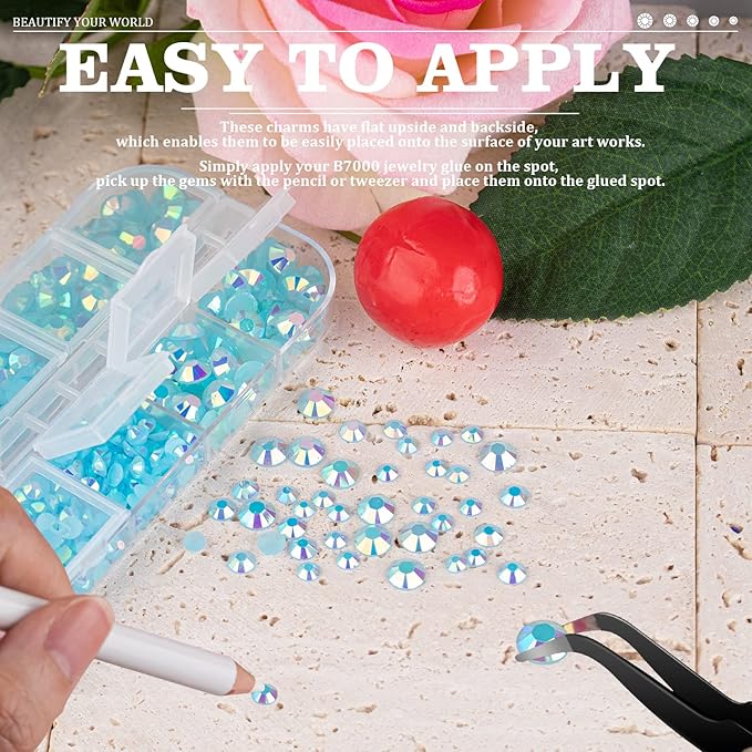 5000PCS Resin Rhinestones with Tweezers for Crafting, 2/3/4/5/6mm Flatback Jelly Rhinestones, 3 Box Lake Blue AB Non Hotfix Crystal Gems for DIY Crafts Mugs Tumblers Clothes Makeup Nail