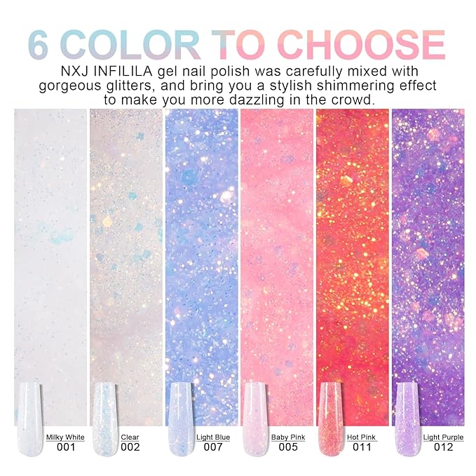 NXJ INFILILA Glitter Poly Nail Gel, Clear Poly Extension Gel Nail Enhancement, Thickening Glossy Builder Home DIY Salon Use for Girls UV/LED Nail Lamp Required P02