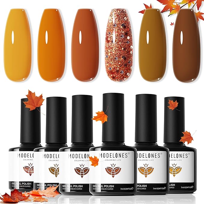 modelones Fall Gel Nail Polish Set, 6 Colors Orange Yellow Brown Glitter Gel Polish Soak Off Nail Kit Manicure DIY Nail Art Salon Home Gift for Women Girls
