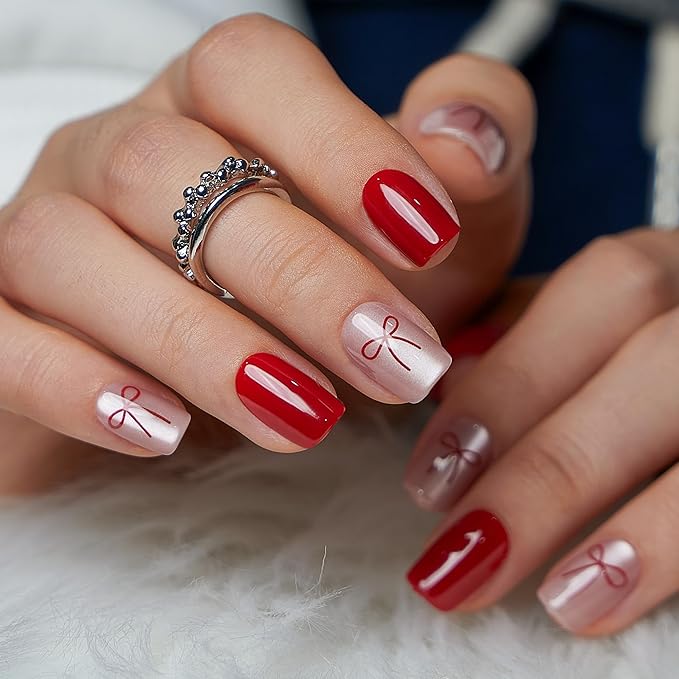 CurvLife Square Press On Nails Short – 30Pcs Soft Gel Ribbon Red Cat eye Charm Fake Nails, Reusable Glue On Nail Kit with Adhesive Tabs, Natural Fit & Salon-Quality for Women & Girls