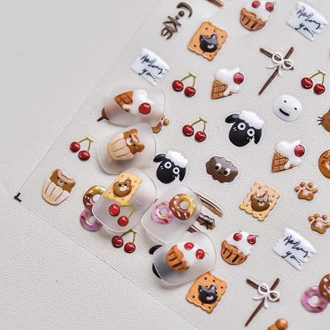 Dedyel Food Nail Art Stickers 3D Cake Dessert Donut Ice Cream Cookies Fruit Bread Self-Adhesive Nail Stickers for Women Girls Kids