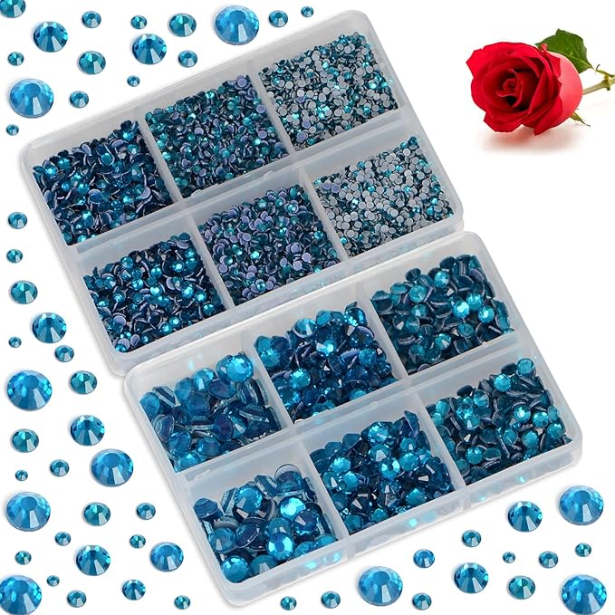 Bymitel Hotfix Crystal Rhinestones Round Gems for Crafts,Mixed 6 Sizes with Wax Pencil Kit, Blue Zircon 1.6-6.3mm SS4-SS30/8000pcs
