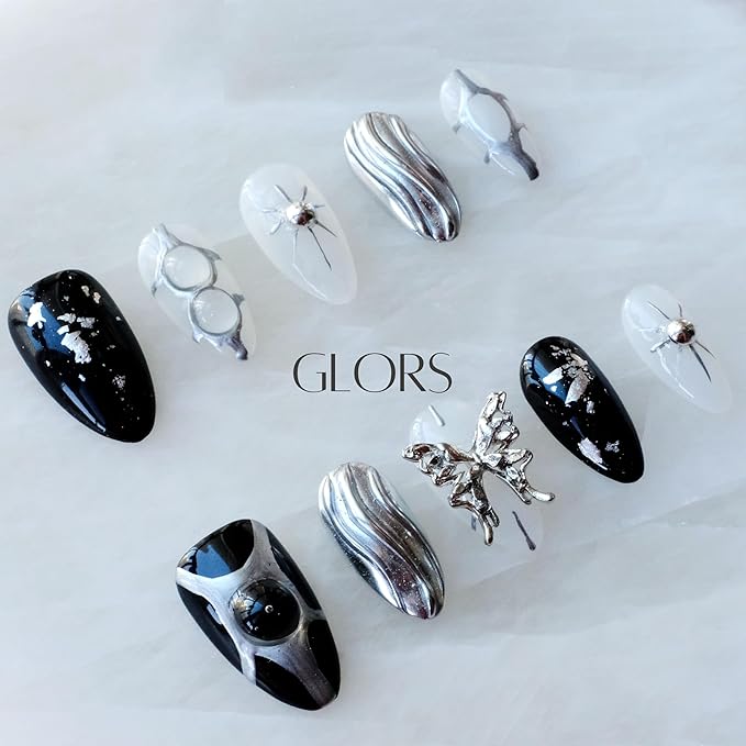 Gothic Long Almond Press-On Nails Set, Black and Silver Metallic Design with Butterfly Accent, Handmade False Nail 10 Pieces (Medium,Almond)