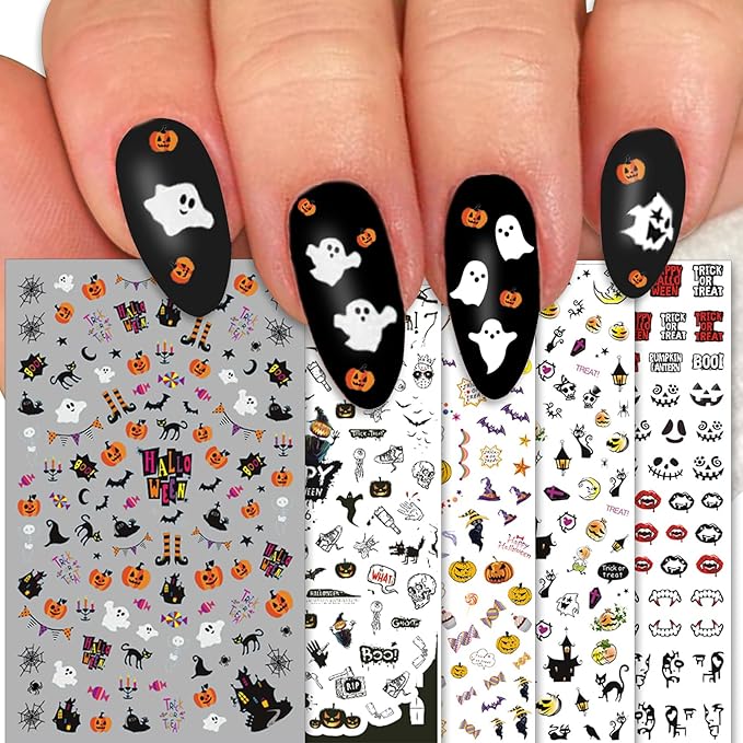 TailaiMei 1500 Pcs Halloween Nail Decals Stickers, 12 Sheets Self-Adhesive DIY Nail Art Tips Stencil for Halloween Party, Include Pumpkin/Bat/Ghost/Witch etc