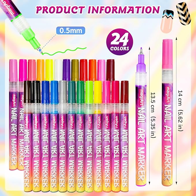 Glow In The Dark Nail Art Pens, 24 Color 0.5 MM Fluorescent Neon Nail Polish Pens Set Drawing Point Painting Liner Painted Pen Kit, Waterproof Nail for DIY Design Manicure Tools