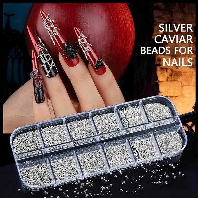 Teentior Nail Charms and Gems Silver Rhinestones for Nails with 15 Sheets Nail Stickers, 6 Boxes Nail Gems Y2K Accessories Pearls for Nails, Cross Nail Charms for Nails Design Caviar Beads for Nails
