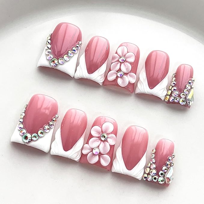 Luxury Press on Nails Short Duck Handmade 3D Unique Reusable ABS Material Fake Nails French Tip False Nails with Designs Flower Rhinestones White Glossy Glue on Nail Thick Acrylic Nail(M)