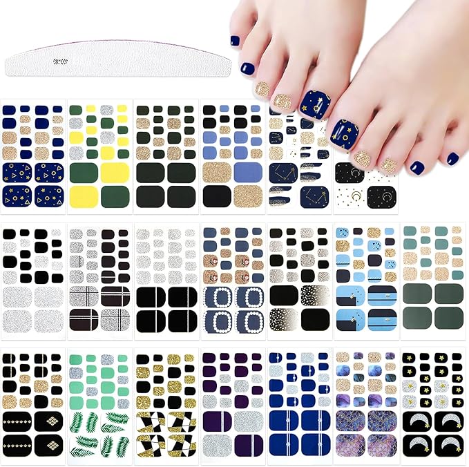 JERCLITY 440 Pieces 20 Sheets Toe Nail Stickers Full Nail Wraps Self-Adhesive Glitter Toenail Polish Strips Full Nail Stickers Nail Art Decals Strips with Nail File for Women Girls Kids（Cool Colors）