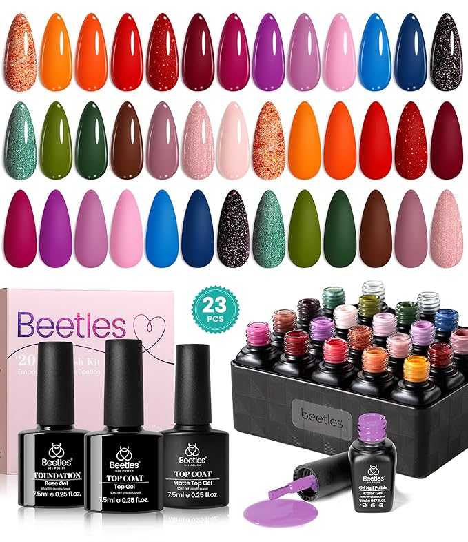 Beetles Gel Nail Polish Set - Yard Gel Polish Kit, 20 Color Orange Burgundy Red Navy Blue Glitter, Soak Off LED UV with Base Top Coat Nail Art Manicure Gift for Women