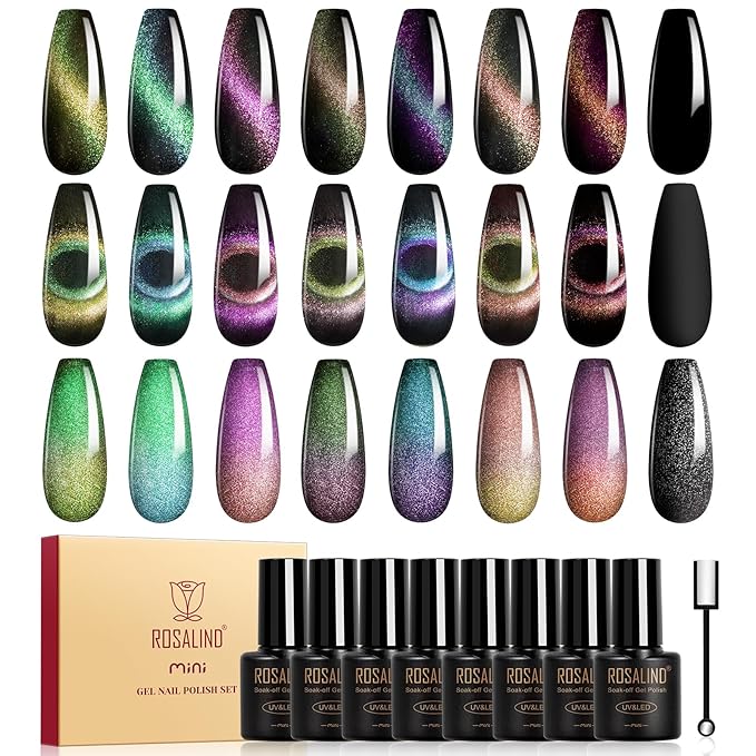 ROSALIND Cat Eye Gel Nail Polish with Magnet, 8 Colors Chameleon Magnetic Gel Polish Soak Off UV Double Magic Cateye Colors Nail Polish Set for Home Salon Manicure