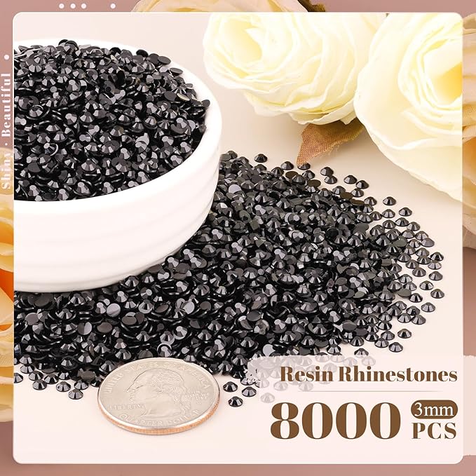 8000PCS 3mm Resin Black Rhinestones Bulk for Crafting, Flatback Bedazzling Crystals for Crafts DIY Nail Decoration, Gems for Tumbler Shoes Clothing Fabric with Pickup Pen and Tweezers