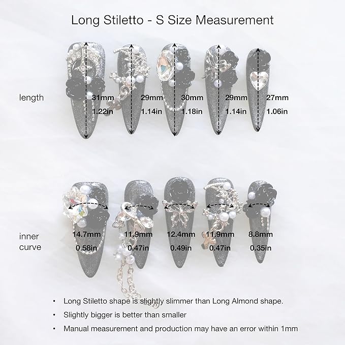 Luxury Long Stiletto Press-On Nails, 3D Black Roses with Silver Glitter, Pearl and Rhinestone Decorations, Handmade False Nail 10 Pieces (Small, LS)