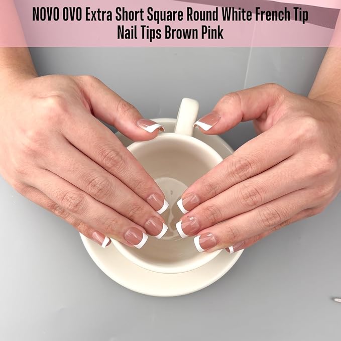 NOVO OVO Extra Short White French Tip Nail Tips, XS XXS Square Round BROWN PINK, for Wide & Short Nail Beds, Thick Full Cover Press on for Women Men, Soft Gel Acrylic Extension kit, 16 Sizes x 224pcs