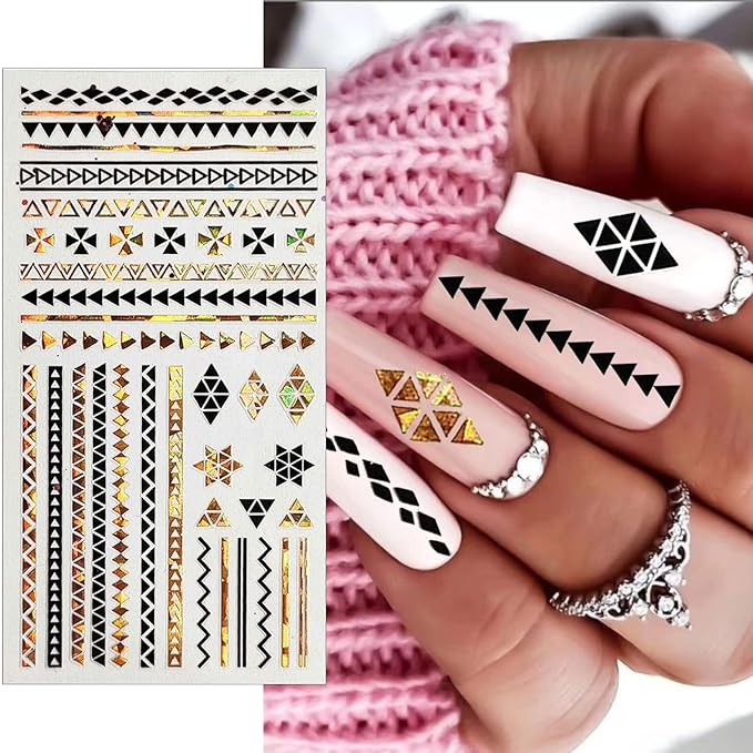 8 Sheets Geometric Nail Art Stickers, Black Gold Geometry Triangular Rhombus Minimalist 3D Design Self-Adhesive Nail Art Decals, DIY Manicure Decoration Supplies Accessories for Women Girls