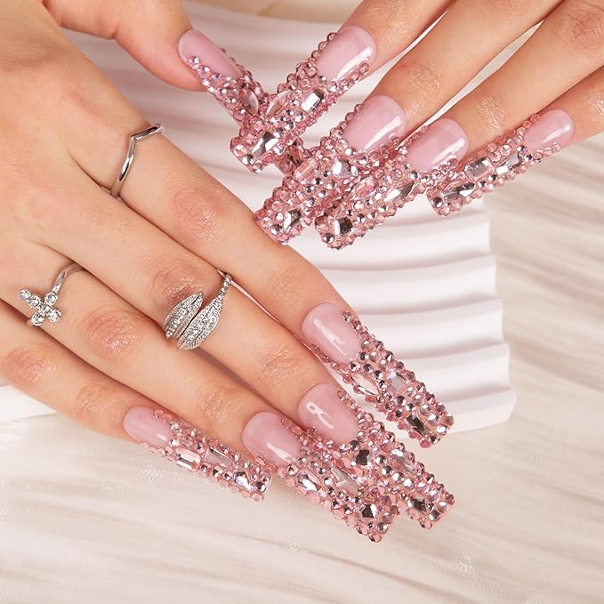 LOVFUL Press on Nails Pink French Tip Rhinestone| Handmade with Full Covered Crystals| Reusable Fake Nails| Square Mid length 1.7in| H27-S