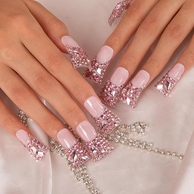 LOVFUL Press on Nails Pink French Tip Rhinestone | Handmade with Full Covered Crystals | Reusable Fake Nails | Duck Classic Regular 1.3 in | H27-L