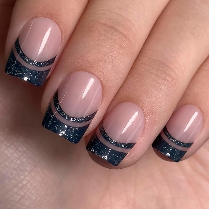 Curvlife Short Press on Nails Acrylic Square Fake Nails with Dark Purple Trim Design Full Cover False Nails Reusable Nail Kit Glue on Nails
