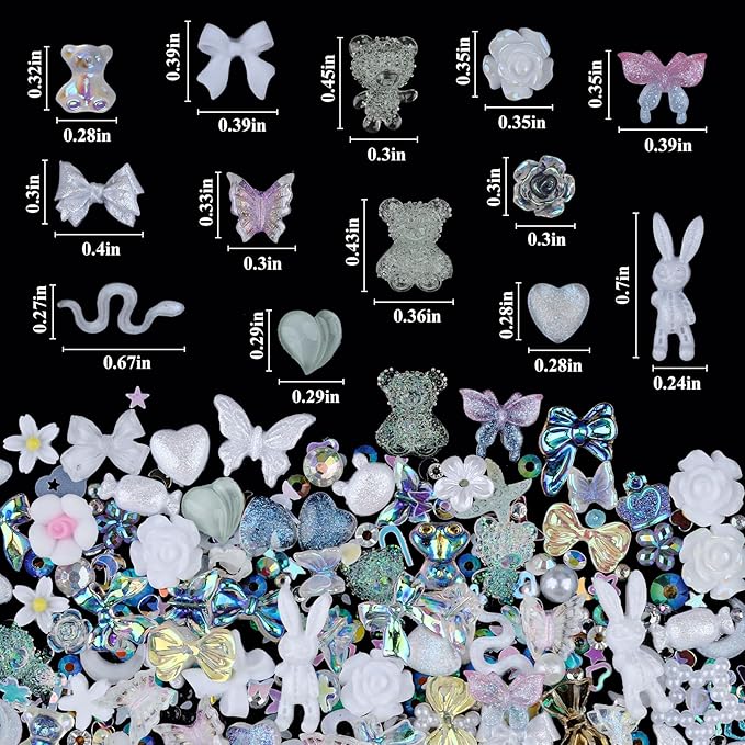 100 Pieces 3D Resin Butterfly Bear Nail Charms Rose Flower Peach Skirt Bow Deer Snake Rabbit Animal Shaped Nail Art Rhinestones Pearls for DIY Nail Art Decoration Making Craft (White)