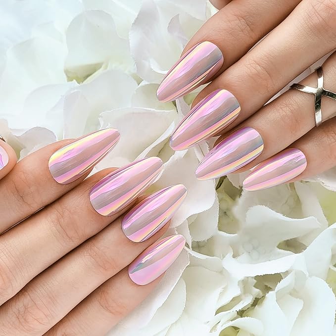 Hypnaughty 24 Pcs Light Pink Almond Chrome Luxury Press On Nails and Glue Reflective Medium Long Pointed False Nails (Light Pink Almond Chrome)