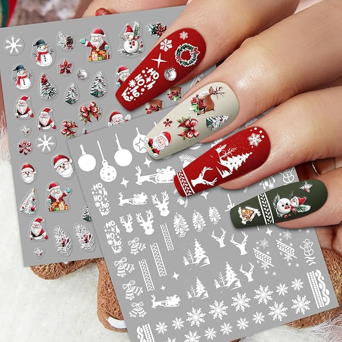 9 Sheets Christmas Nail Art Stickers, Embroidery Nail Sticker Decals for Girl Women, Xmas Tree Santa Claus Nail Stickers for Nail Art Kids Christmas Stocking Stuffers Gifts Decoration Self-Adhesive