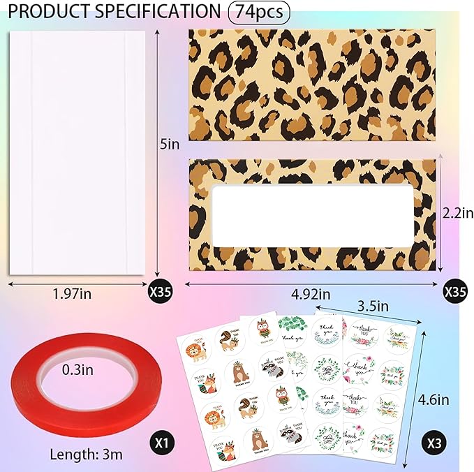 74PCS Press on Nails Packaging Box Set Includes 35PCS Empty Nail Package Box 35PCS White Background Paper 1 Double Sided Tape and 3 Thank You Stickers for Press on Nail Business (Brown Leopard)