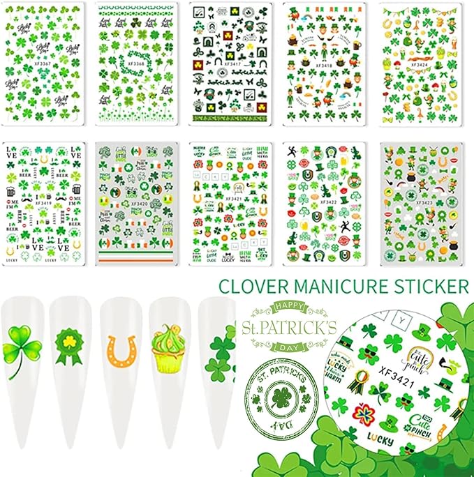 10 Sheets St Patrick’s Day Nail Art Stickers 3D Self-Adhesive Shamrock Nail Decals Green Clover Gold Hat Letters Nail Art Design Irish Nail Stickers for Women Kids Girls Nail Supplies Decorations