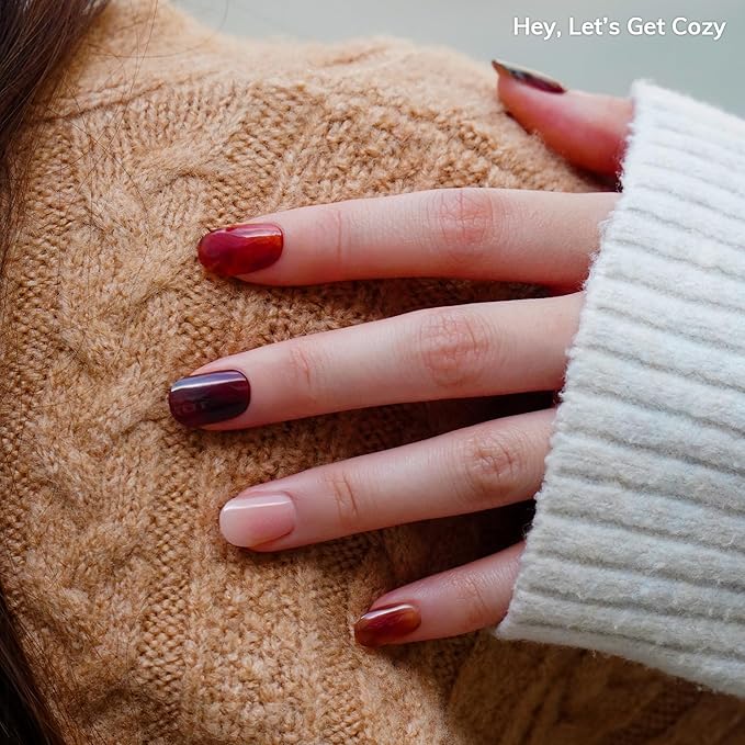 Heyhae Semi Cured Gel Nail Strips | No LED Lamp Needed | Fall, Marble, Brown | Easy Apply & Remove, Salon Quality | Includes 28 Strips, 1 Prep Pads, Nail File & Wooden stick - Hey, Let’s Get Cozy