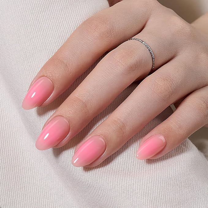 VSALON Almond Short Press On Nails, Sakura Pink Aura Light Curable Sheer Jelly Finish False Nails, Reusable Gel Glue on Nails Kit with Glue - 32 pcs in 16 Sizes