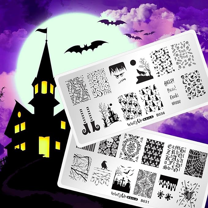 Whats Up Nails - Halloween Stamping Plates 2 Pack (B031, B036) Stamping Plates for Nail Art Design