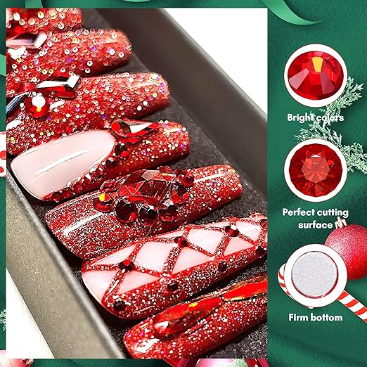 Makartt Red Nail Rhinestones Flatback Rhinestones Multi-Size Round Crystal Glass Nail Charms Diamonds Nail Jewels for DIY Crafts Makeup Nail Art Supplies Accessories Christmas Gift